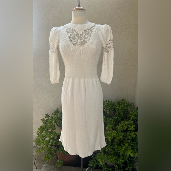 Vintage 70s white Santana knit dress lace inserts Sz Small by Ruth Chagnon - Picture 7 of 11